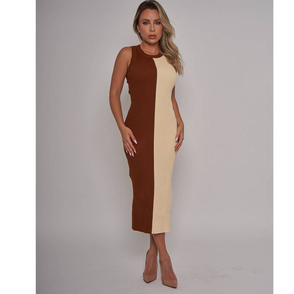 NWT Cream Brown Ribbed Knit Fall Midi Dress - S - Picture 2 of 5